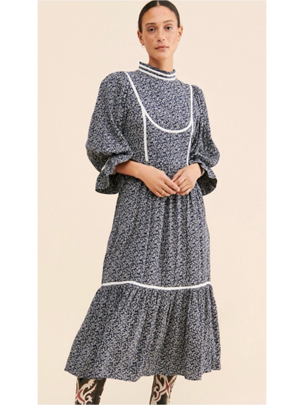 High-Neck Navy Floral Midi Dress with Trim